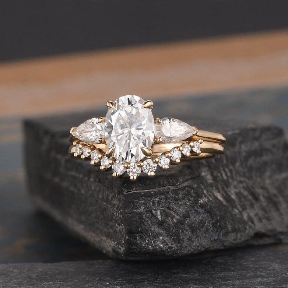 2CT Oval Cut Pear Shaped Three Stone Moissanite Bridal Set Ring - JBR Jeweler
