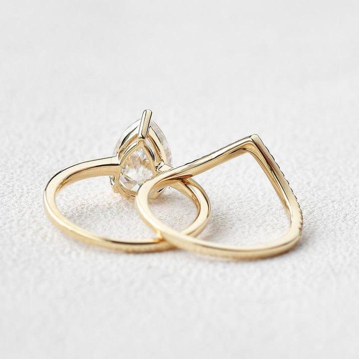 2CT Pear Cut Lab-Grown Diamond Halo Bridal Set Ring V Band (2Pcs) - JBR Jeweler
