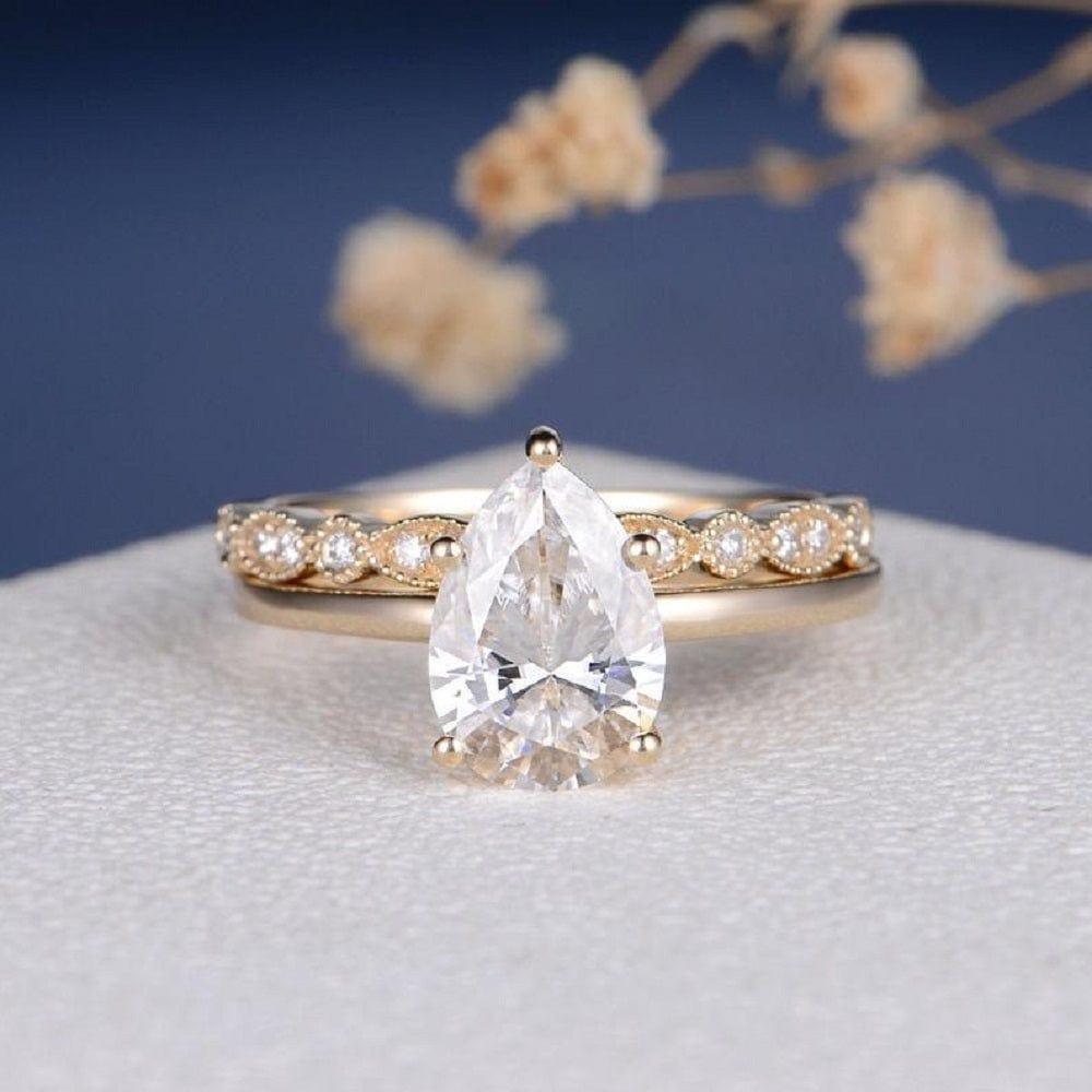 2ct Pear Shaped Stacking Minimalist Yellow Gold Solitaire 2pcs Moissanite Engagement Ring - JBR Jeweler