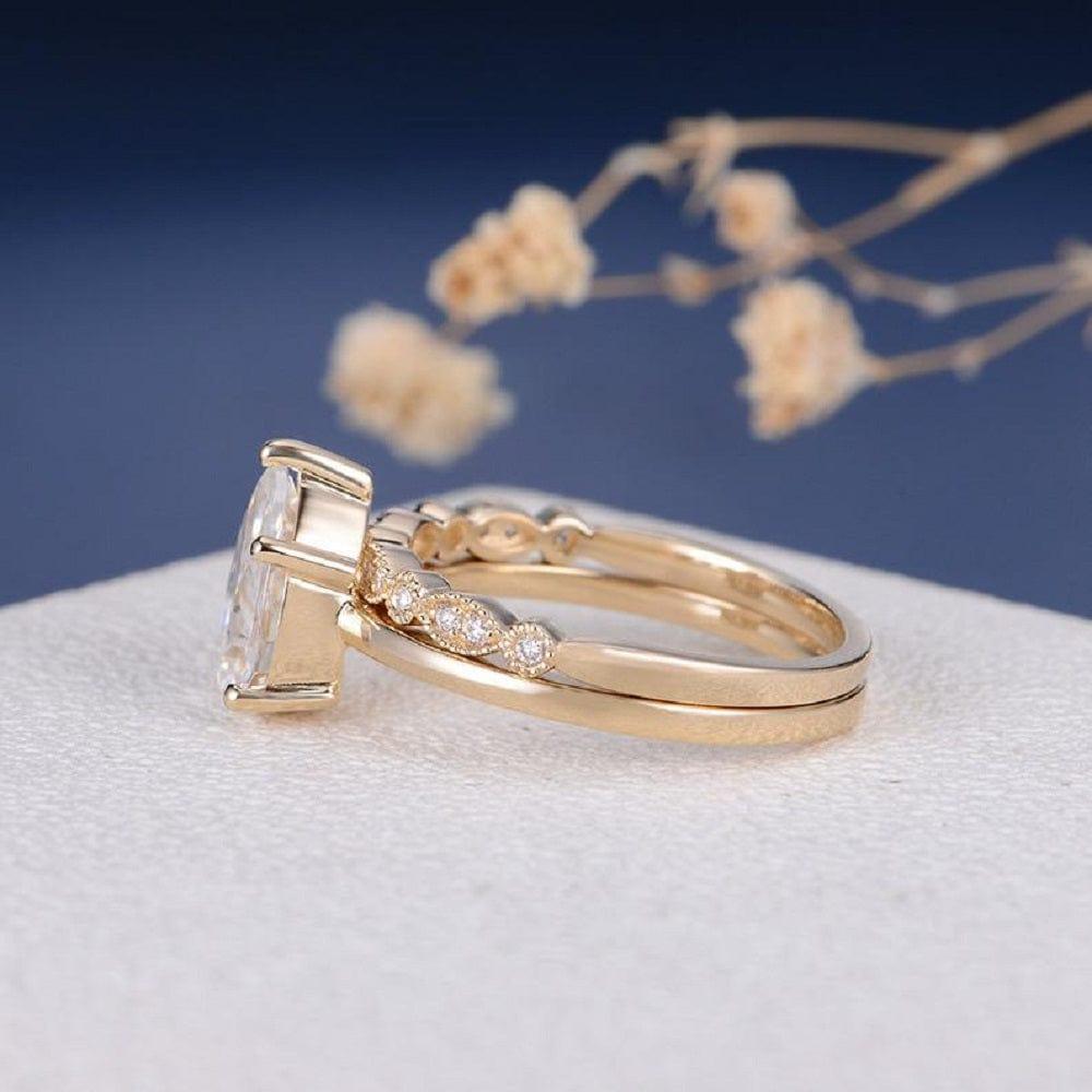 2ct Pear Shaped Stacking Minimalist Yellow Gold Solitaire 2pcs Moissanite Engagement Ring - JBR Jeweler