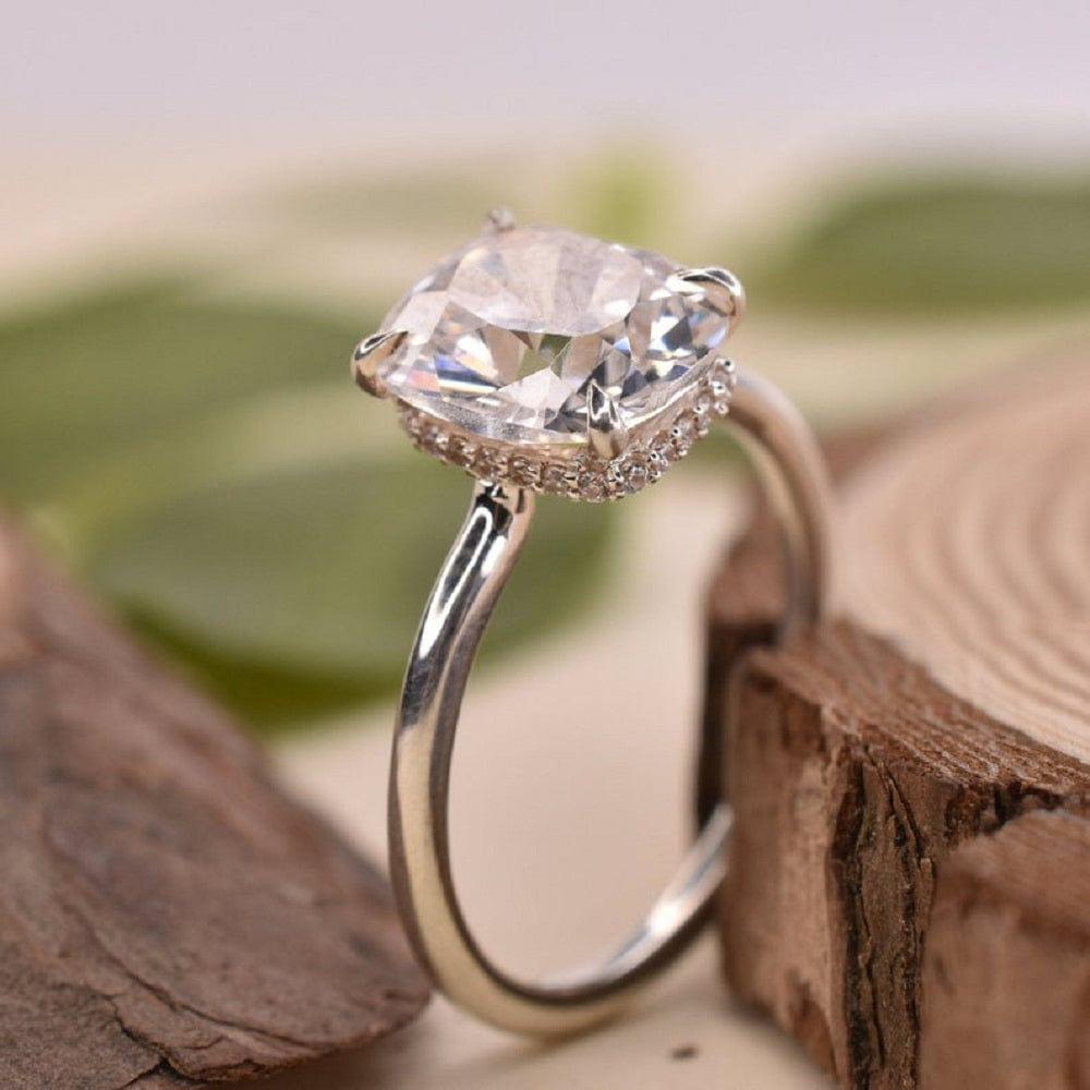 JBR Jeweler Moissanite Engagement Ring 3 US / Sterling Silver 3.00CT Cushion Cut Hidden Halo Wedding White Gold Moissanite Engagement Ring