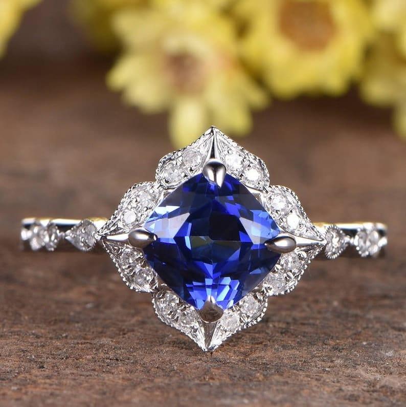 3CT Cushion Blue Sapphire & Moissanite Filigree 14k White Gold Ring - JBR Jeweler