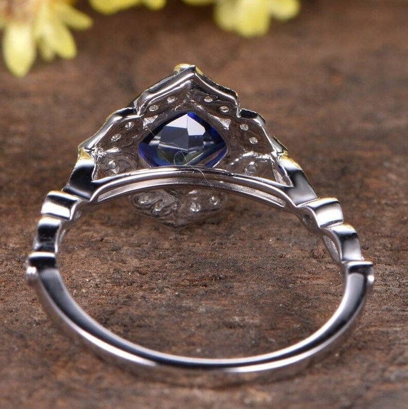 3CT Cushion Blue Sapphire & Moissanite Filigree 14k White Gold Ring - JBR Jeweler
