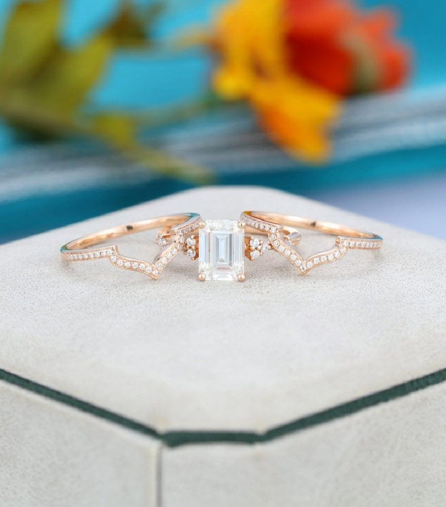 3PCS Emerald cut Rose gold Cluster wedding Bridal Moissanite Engagement Ring Set - JBR Jeweler