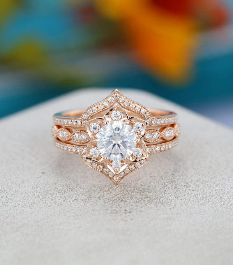 3PCS Flower Shape Rose gold Milgrain Marquise Wedding Bridal Moissanite Ring Set - JBR Jeweler