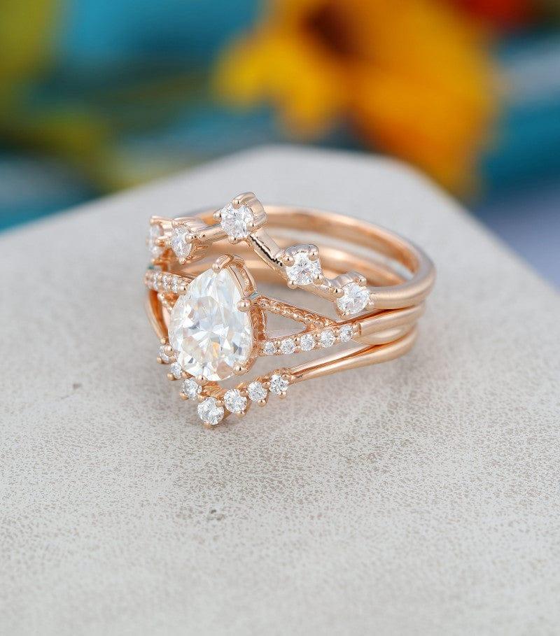 3PCS Pear Cut Rose Gold Wedding Bridal Moissanite Engagement Ring Set With Matching Band - JBR Jeweler