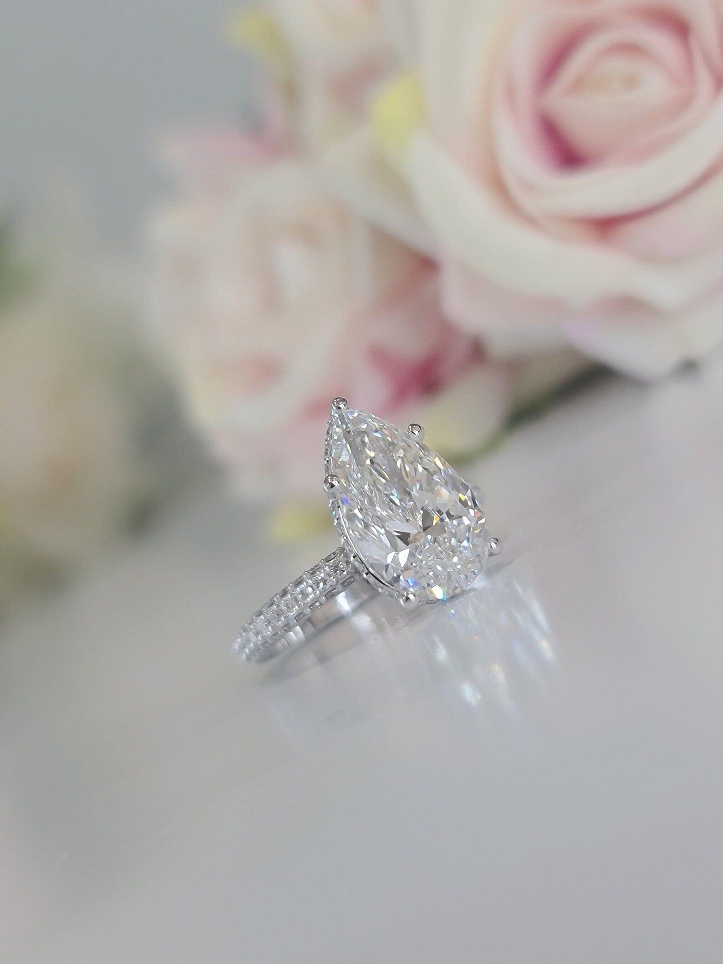 4Ct Pear Shaped Solitaire Under Halo Promise Moissanite Engagement Ring - JBR Jeweler
