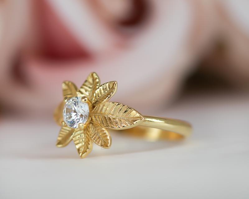 5.50MM Round Cut White Moissanite Yellow Gold Leaves Engagement Promise Ring For Women - JBR Jeweler