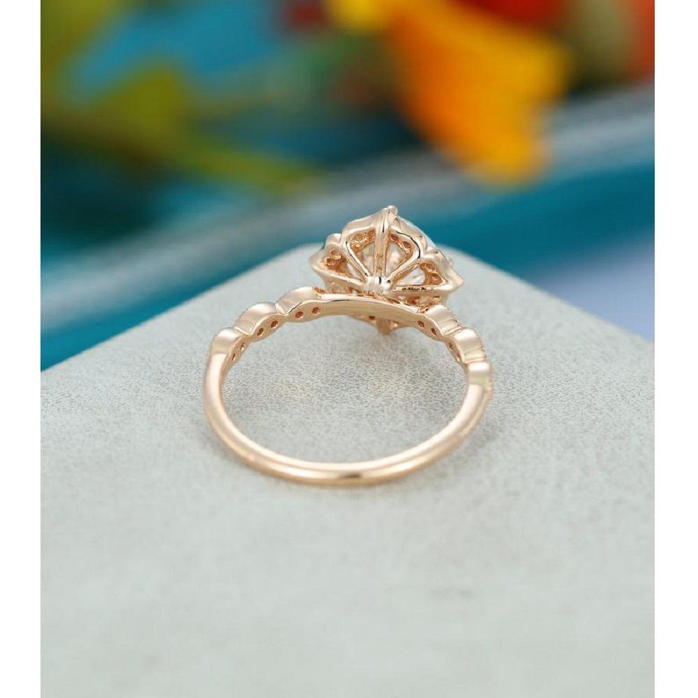 5.5MM Cushion Cut Flower Halo Vintage Yellow Gold Half Moissanite Engagement Ring - JBR Jeweler