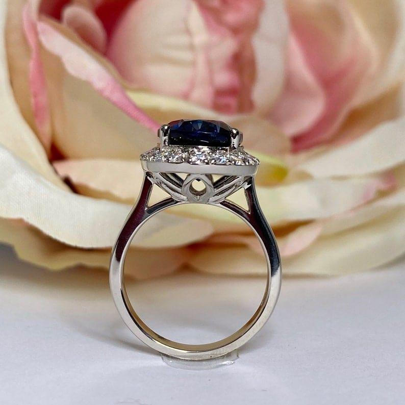 5.80ct Oval Blue Sapphire Gemstone Diamond Halo Engagement Ring - JBR Jeweler