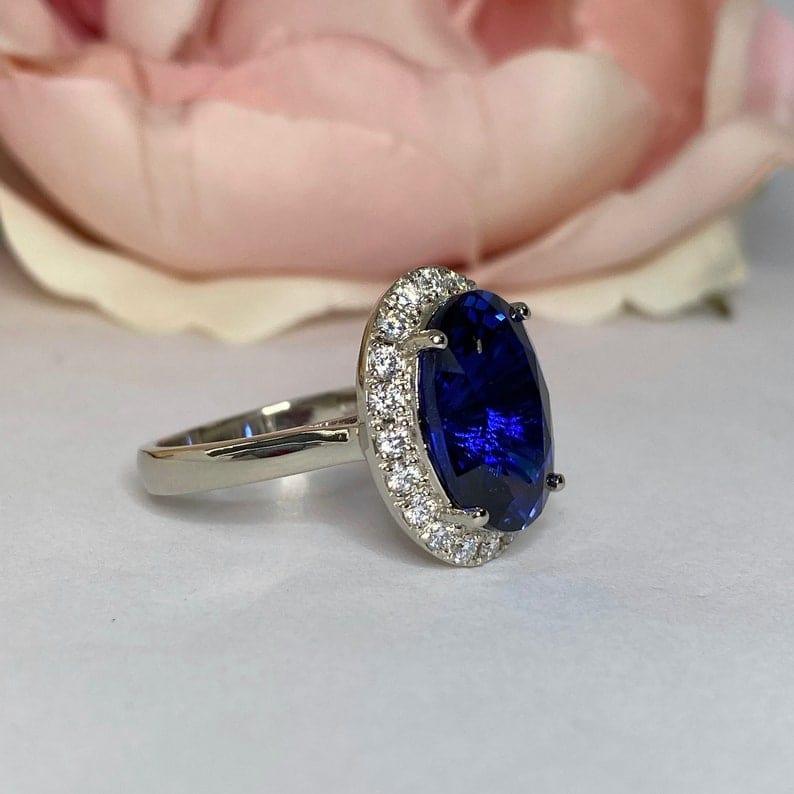 5.80ct Oval Blue Sapphire Gemstone Diamond Halo Engagement Ring - JBR Jeweler