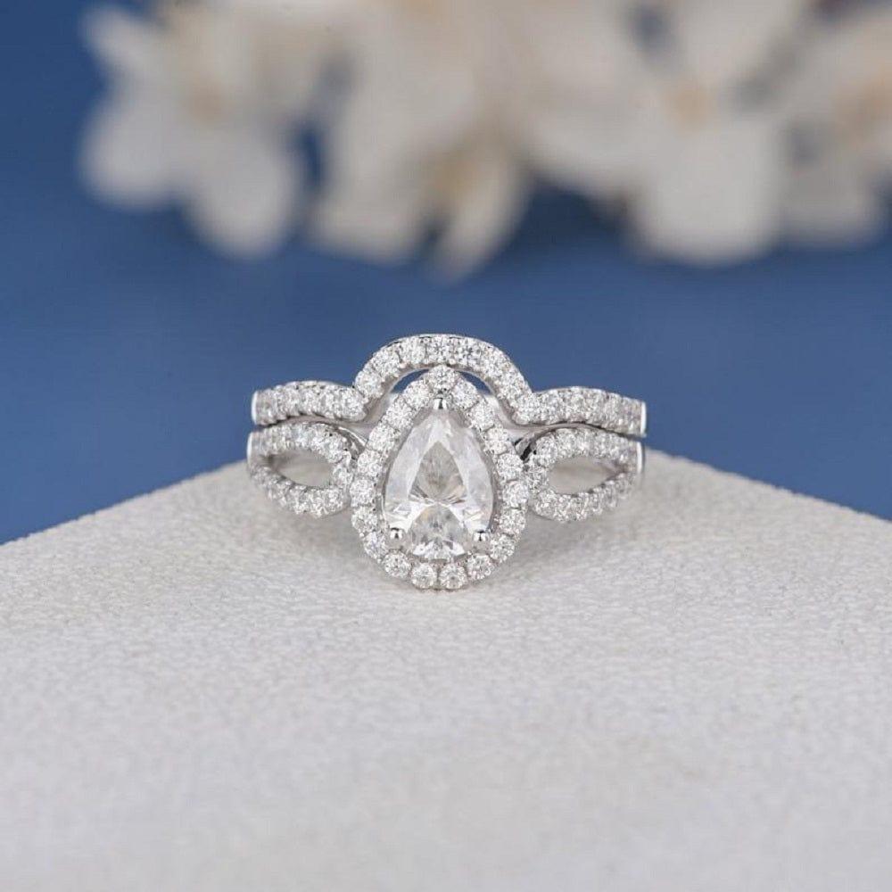 5x7mm Pear Shape Halo Antique Women Bridal Unique Moissanite Engagement Ring Set - JBR Jeweler