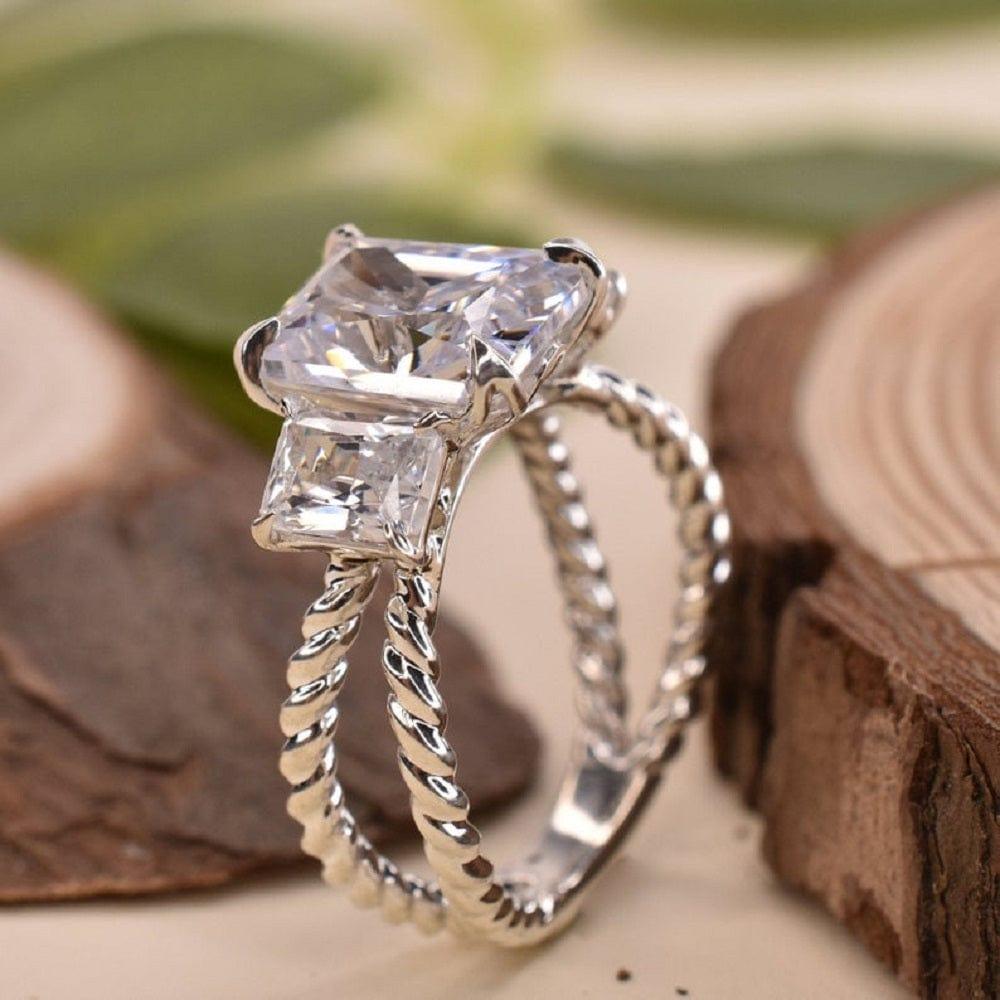 JBR Jeweler Moissanite Engagement Ring 3 US / Sterling Silver 6.00CTTW Radiant Cut Moissanite White Gold Three Stone Wedding Engagement Ring
