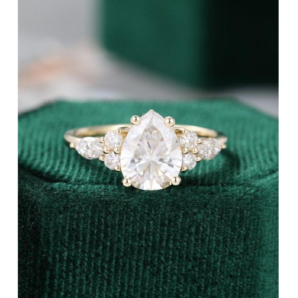 7x9 MM Pear Unique Cluster Gold Moissanite Engagement Ring - JBR Jeweler