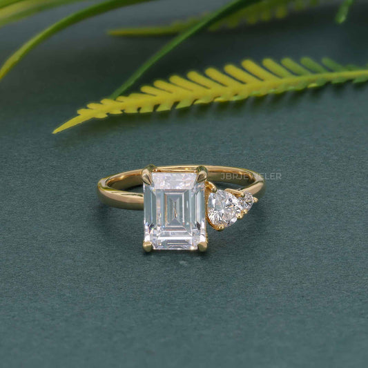 Asymmetrical Unique Emerald Moissanite Diamond Engagement Ring