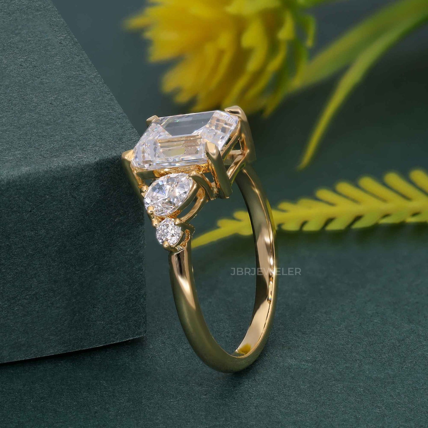 Asymmetrical Unique Emerald Moissanite Diamond Engagement Ring