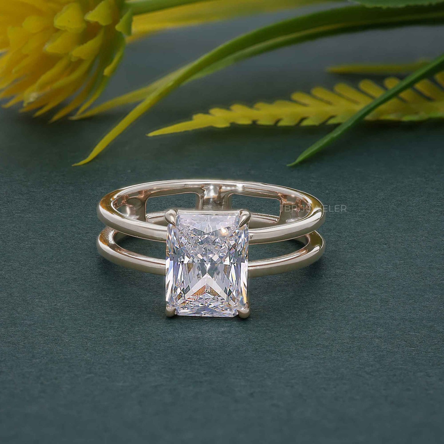 Double Band Radiant Moissanite Diamond Solitaire Ring