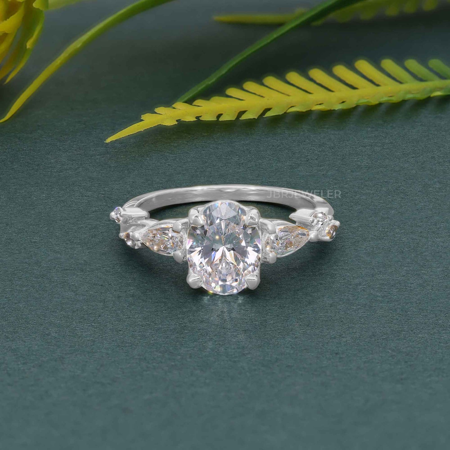 Floral Three Stone Oval Cut Lab Grown Diamond Engagement Ring