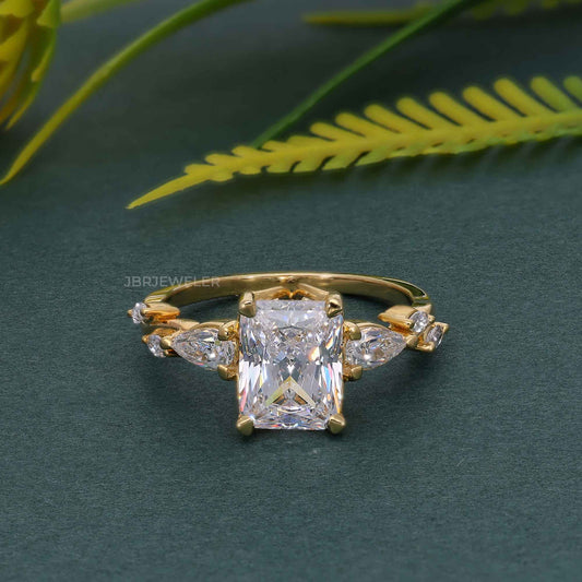 Floral Three Stone Radiant Cut Moissanite Diamond Engagement Ring
