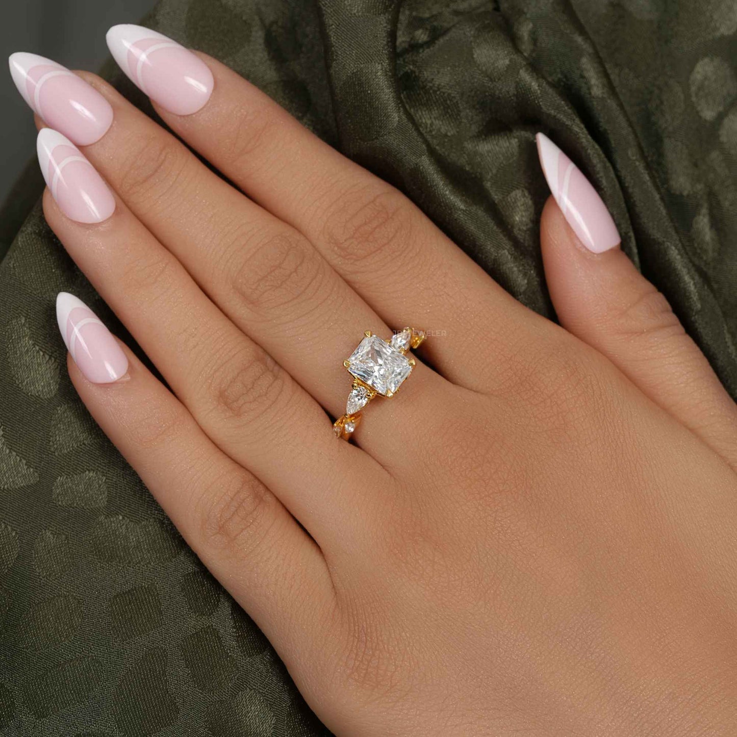 Floral Three Stone Radiant Cut Moissanite Diamond Engagement Ring