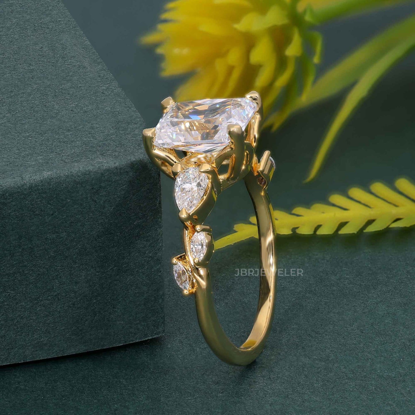 Floral Three Stone Radiant Cut Lab Grown Diamond Engagement Ring