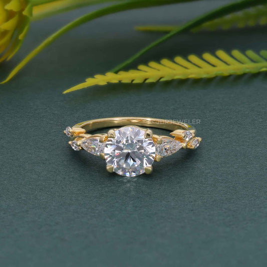 Floral Three Stone Round Cut Moissanite Diamond Engagement Ring