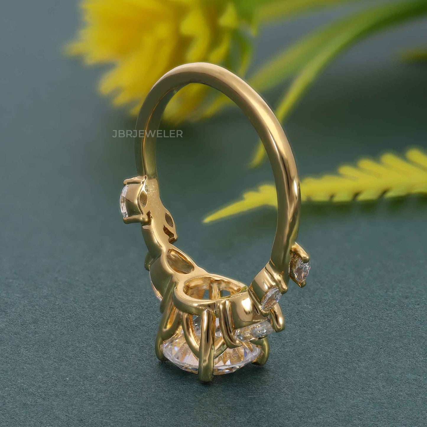 Floral Three Stone Round Cut Lab Grown Diamond Engagement Ring