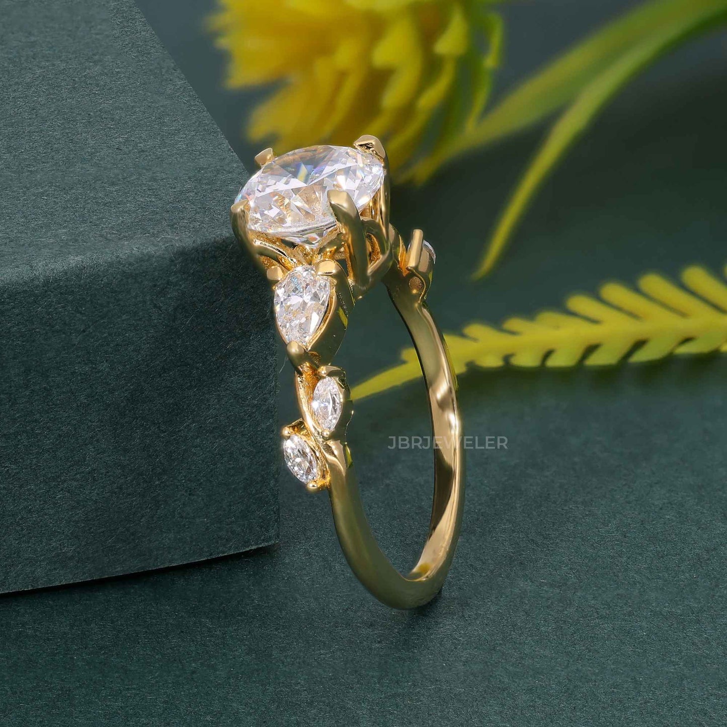 Floral Three Stone Round Cut Moissanite Diamond Engagement Ring