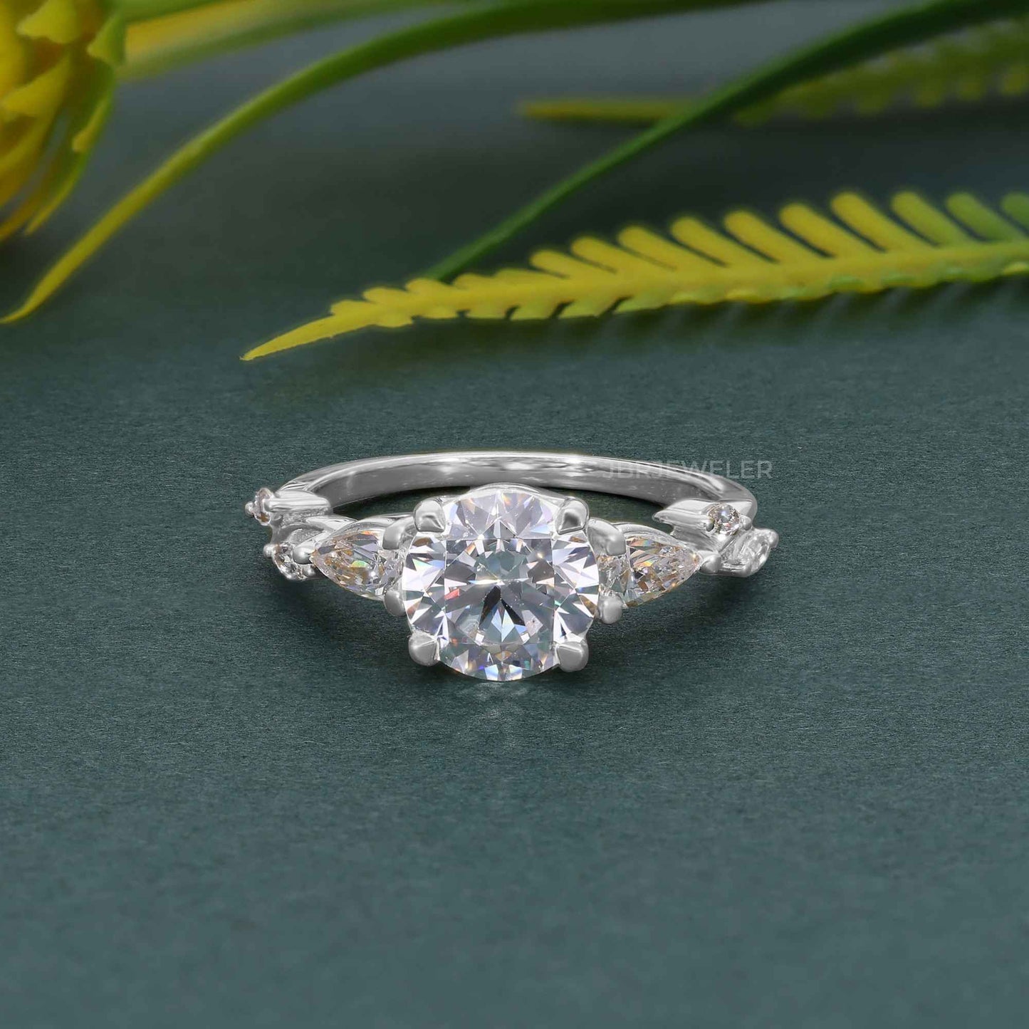 Floral Three Stone Round Cut Lab Grown Diamond Engagement Ring