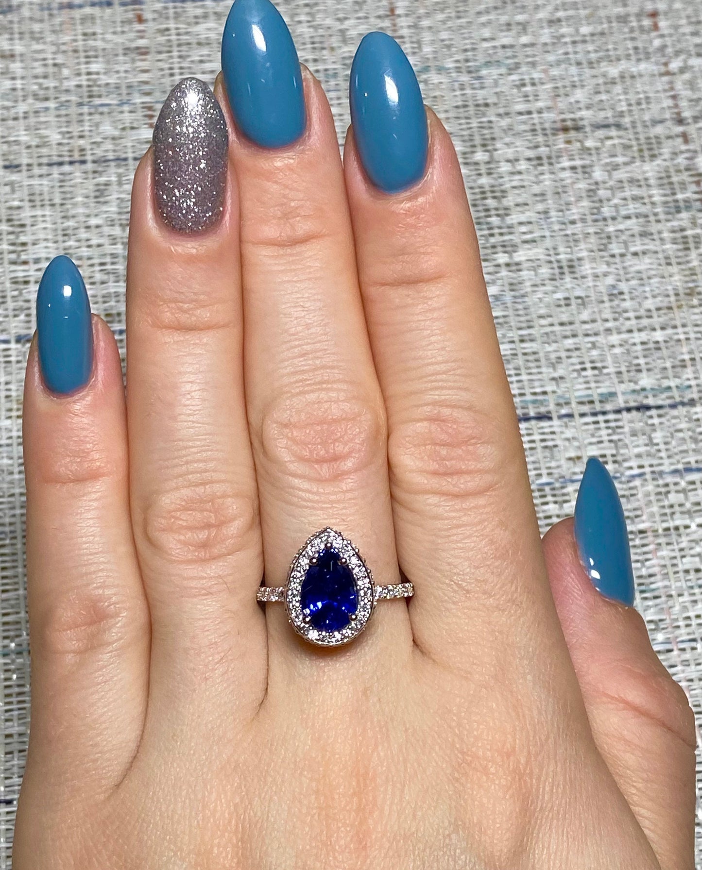 Pear Blue sapphire wedding halo 3.45ctw 14k white gold ring