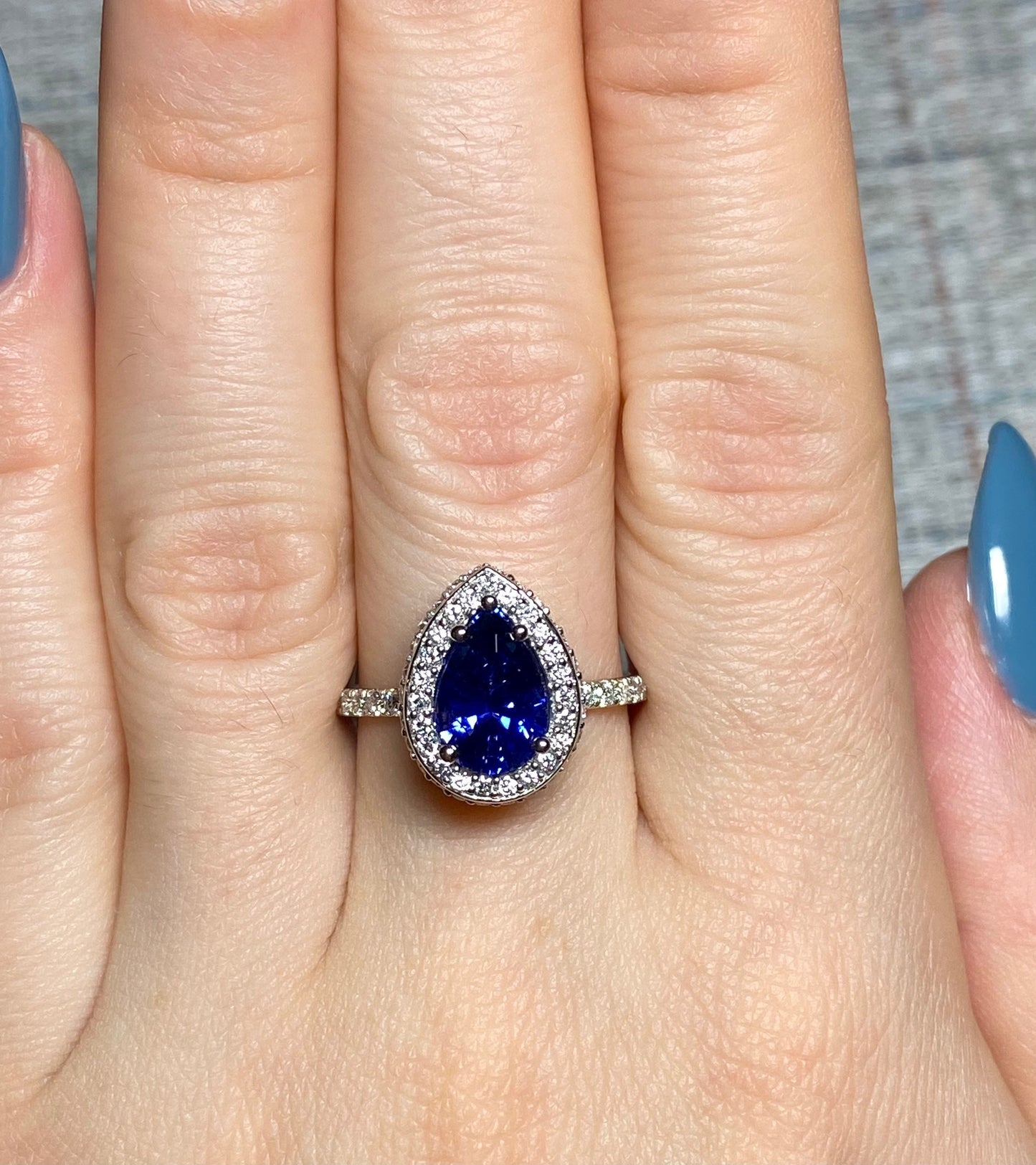 Pear Blue sapphire wedding halo 3.45ctw 14k white gold ring