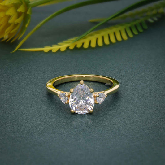 Three Stone Pear Cut Lab Gown Diamond Ring With Pear Side Stone