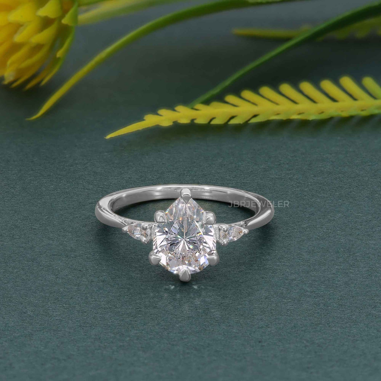 Perfect Fit Three Stone Pear Moissanite Diamond Ring With Side Stone