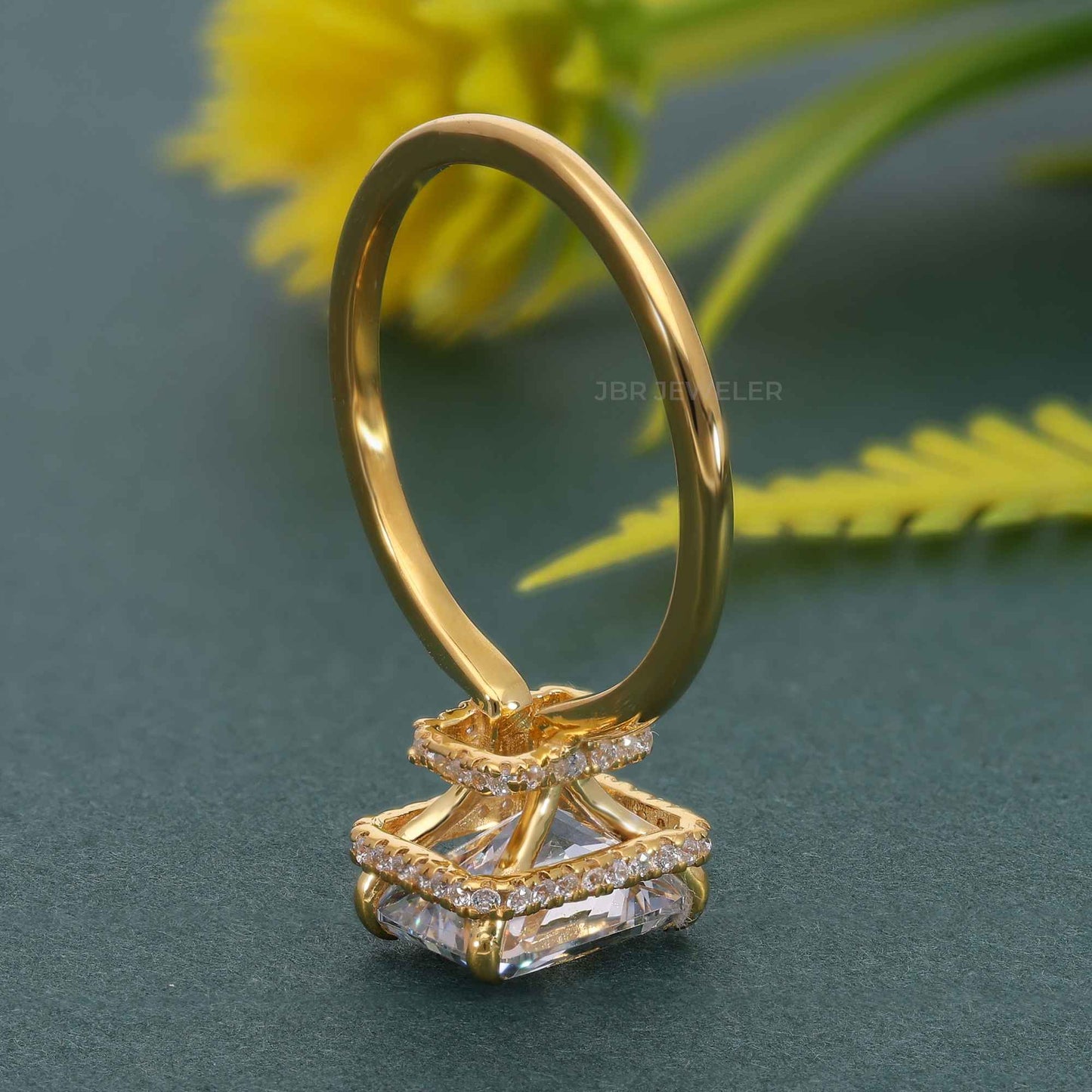 Double Hidden Halo Radiant Cut Moissanite  Engagement Ring