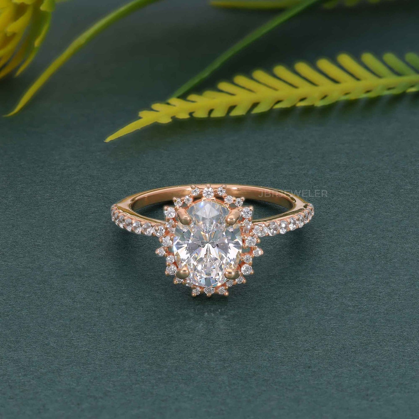 Sunburst Oval Cut Moissanite Diamond Halo Engagement Ring