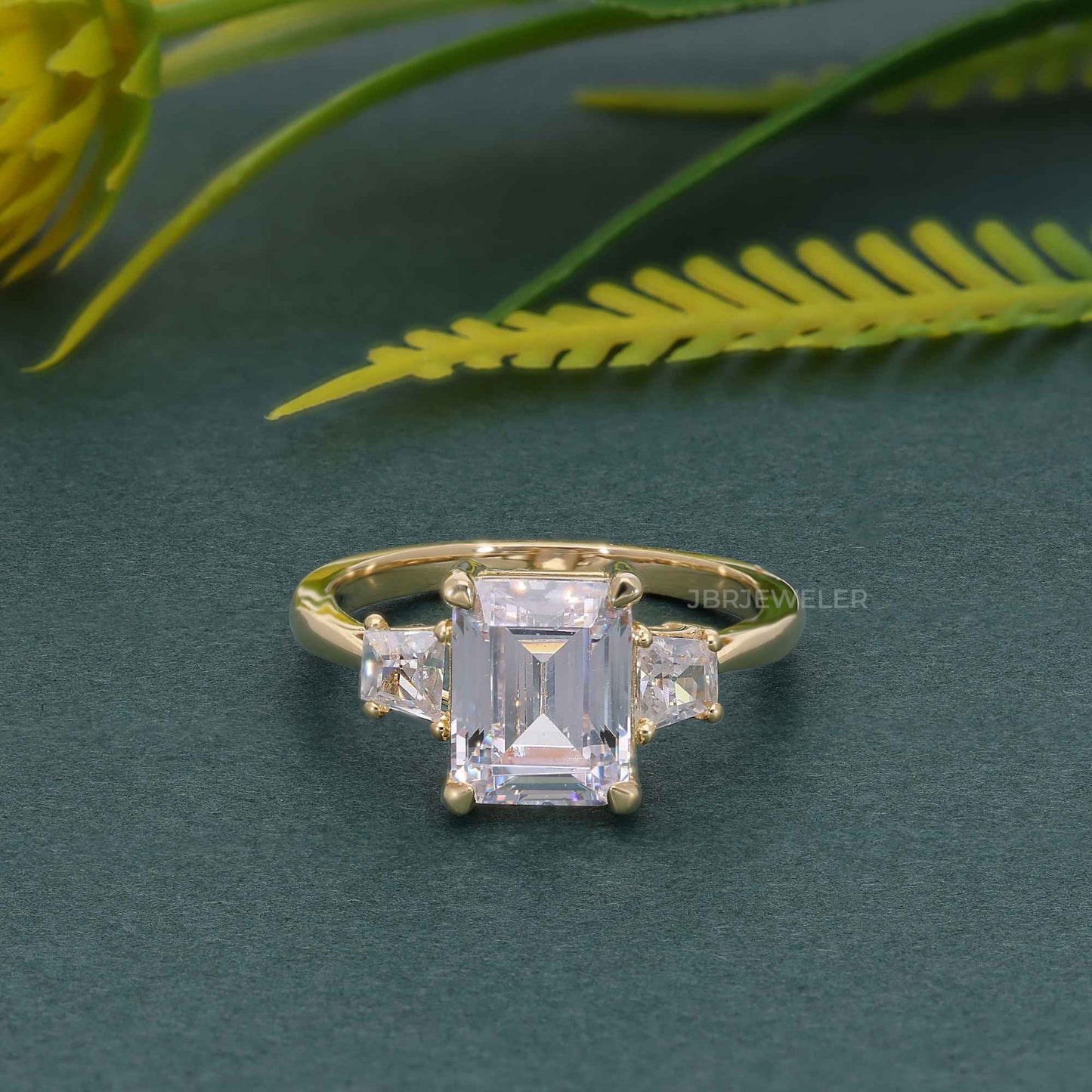 Three Stone Emerald  Lab Diamond Engagement Ring With Side Trapezoid