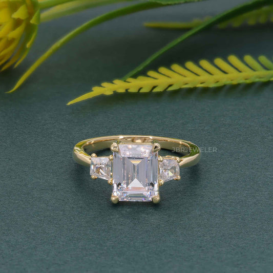 Three Stone Emerald  Moissanite Diamond Engagement Ring With Side Trapezoid