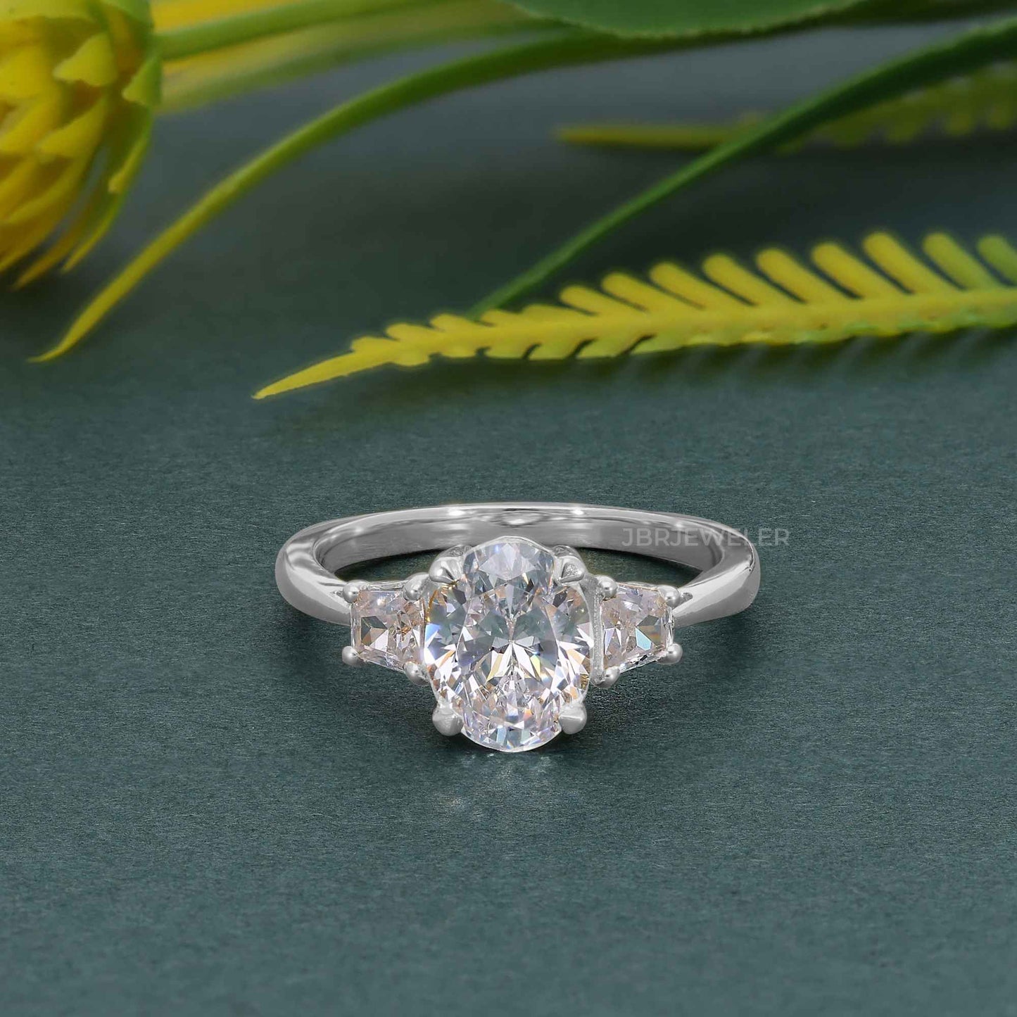 Three Stone Oval Cut Lab Diamond Engagement Ring With Side Trapezoid