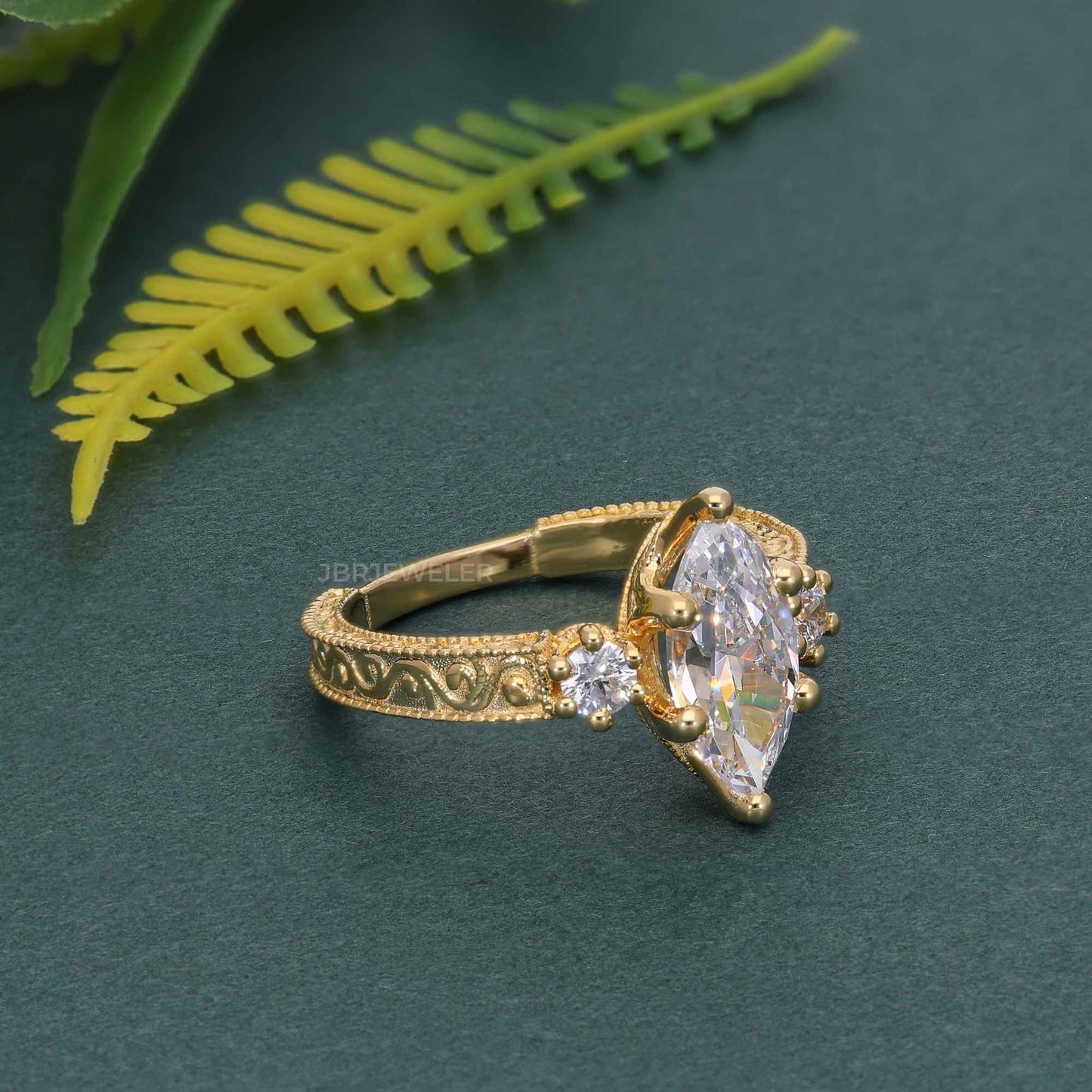 Vintage Three Stone Marquise Lab Grown Diamond Engagement Ring