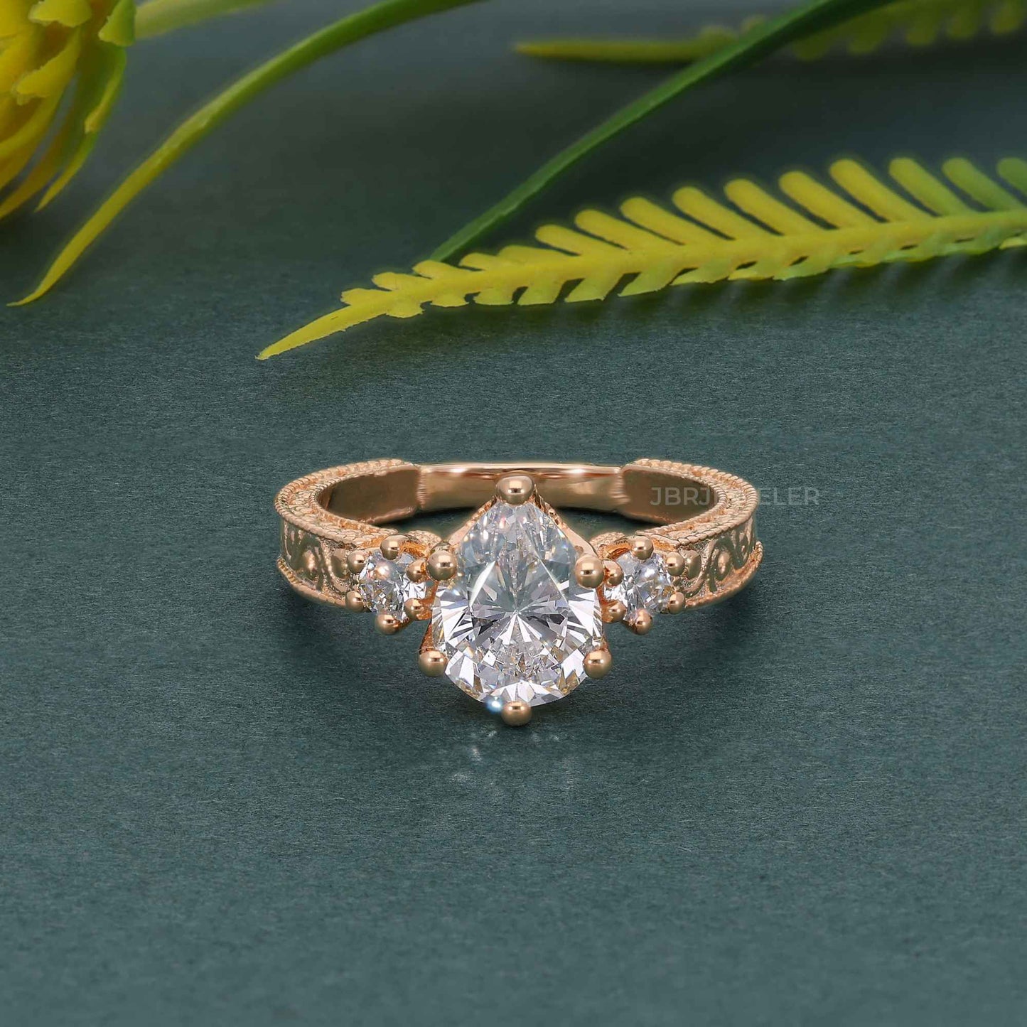 Vintage Three Stone Pear Lab Grown Diamond Engagement Ring
