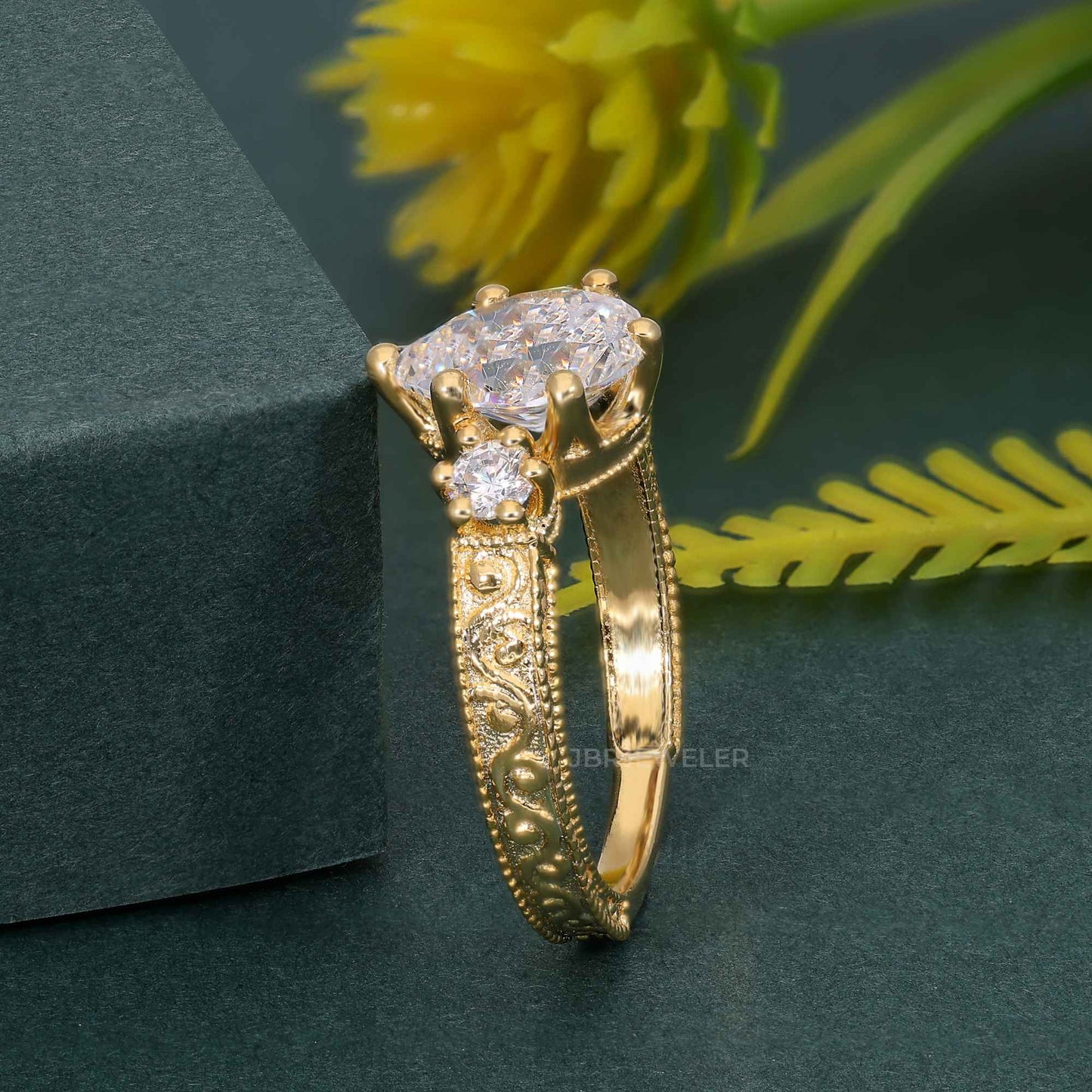 Vintage Three Stone Pear Lab Grown Diamond Engagement Ring