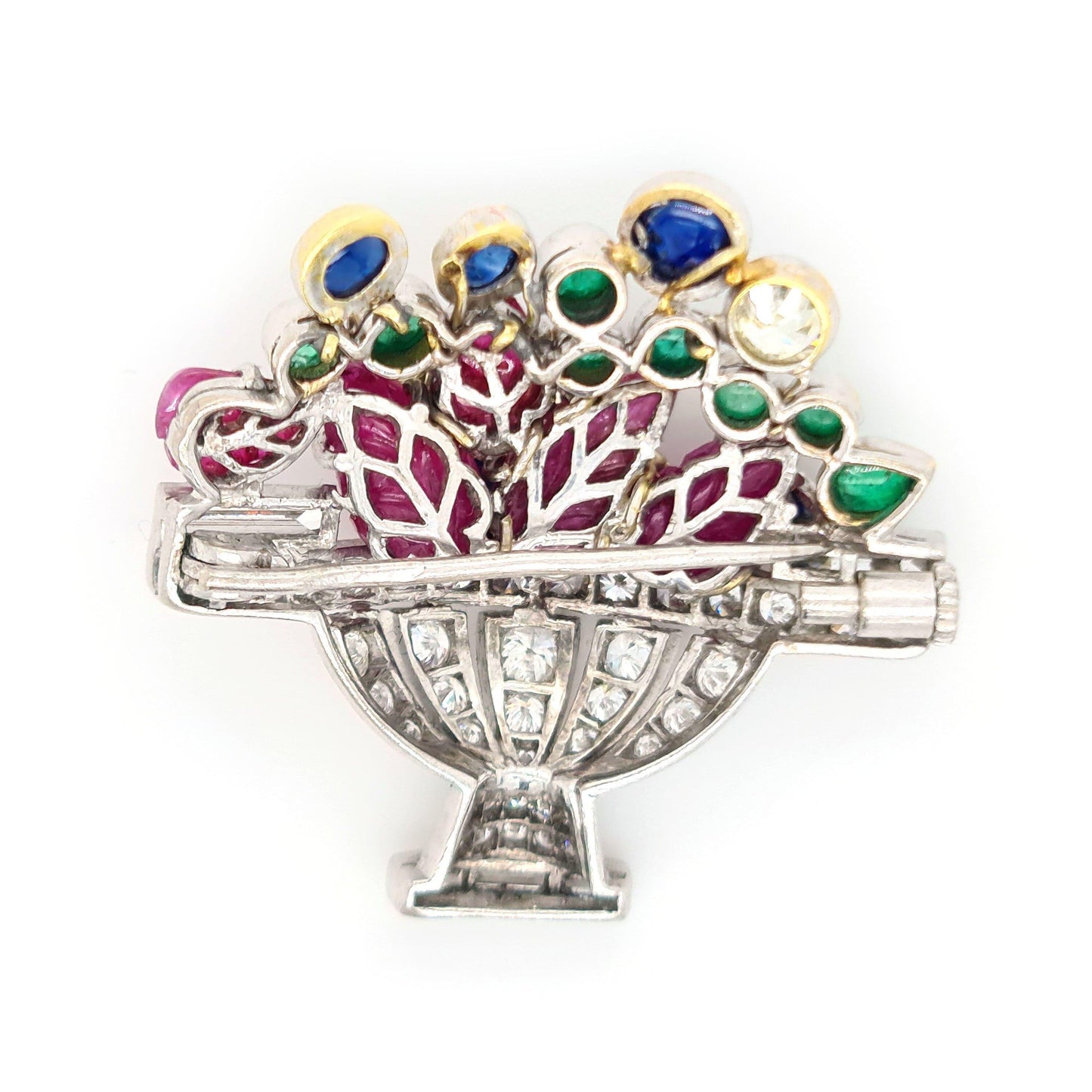Antique French Moissanite Diamond & Gem-Set Jardiniére Art Deco Flower Basket Brooch - JBR Jeweler