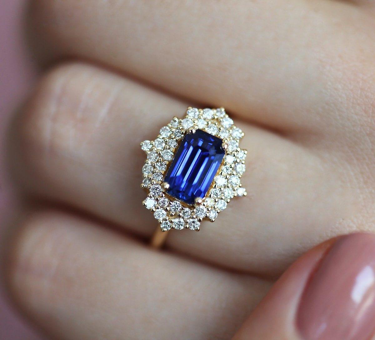 Antique Royal Blue Sapphire Gemstone Halo Diamond Sapphire Engagement Ring - JBR Jeweler