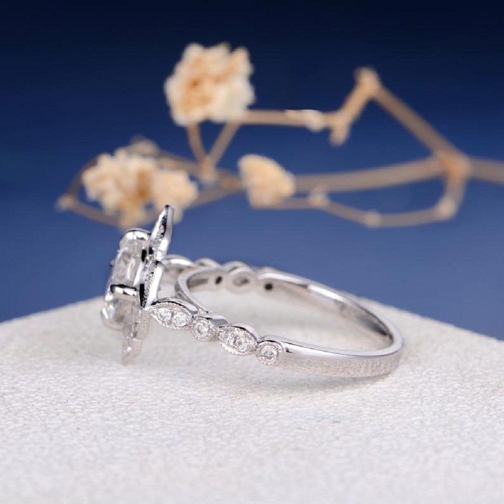 Art Deco 1.00 CT Round Cut Gold Flower Halo Antique Moissanite Engagement Ring - JBR Jeweler