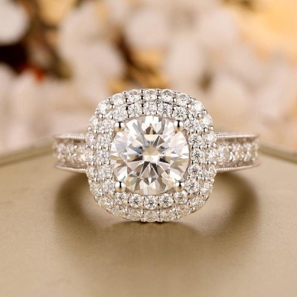 Art Deco 2.00CT Round Cut White Gold Double Halo Colorless Moissanite Engagement Ring - JBR Jeweler