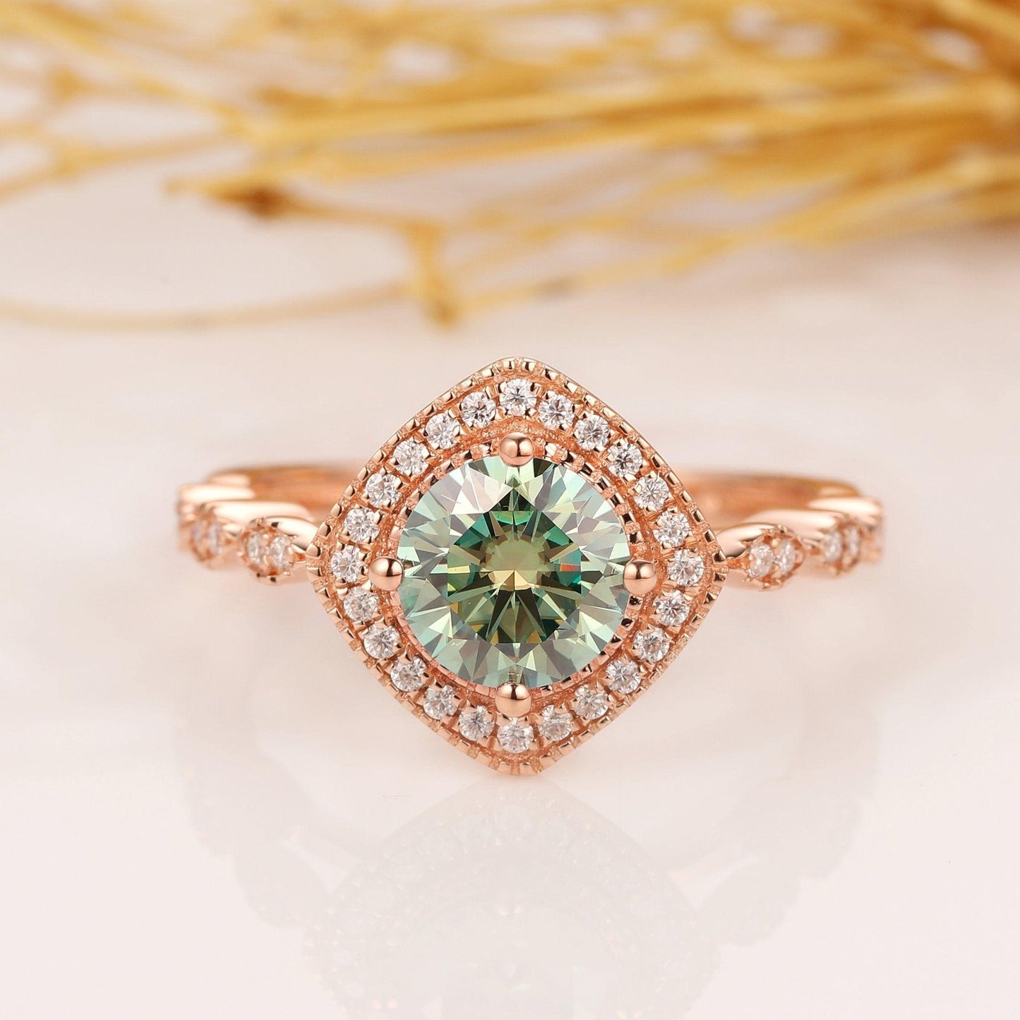 Art Deco Halo 1.0CT Round Cut Green Moissanite Wedding Ring For Women - JBR Jeweler