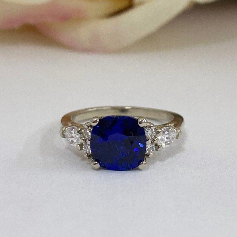 Blue Sapphire Cushion Cut 14K Solid White Gold wedding rings - JBR Jeweler