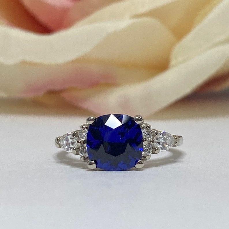 Blue Sapphire Cushion Cut 14K Solid White Gold wedding rings - JBR Jeweler