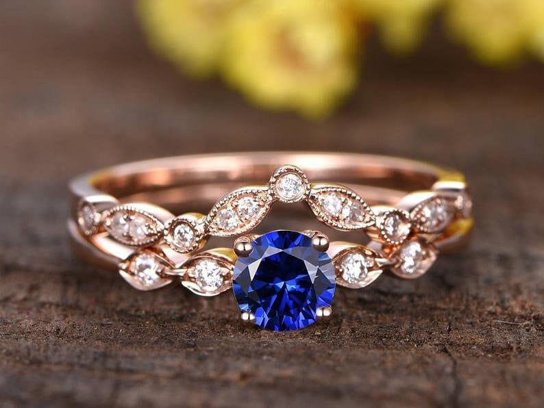 Blue Sapphire engagement set Ring & curved V matching band - JBR Jeweler