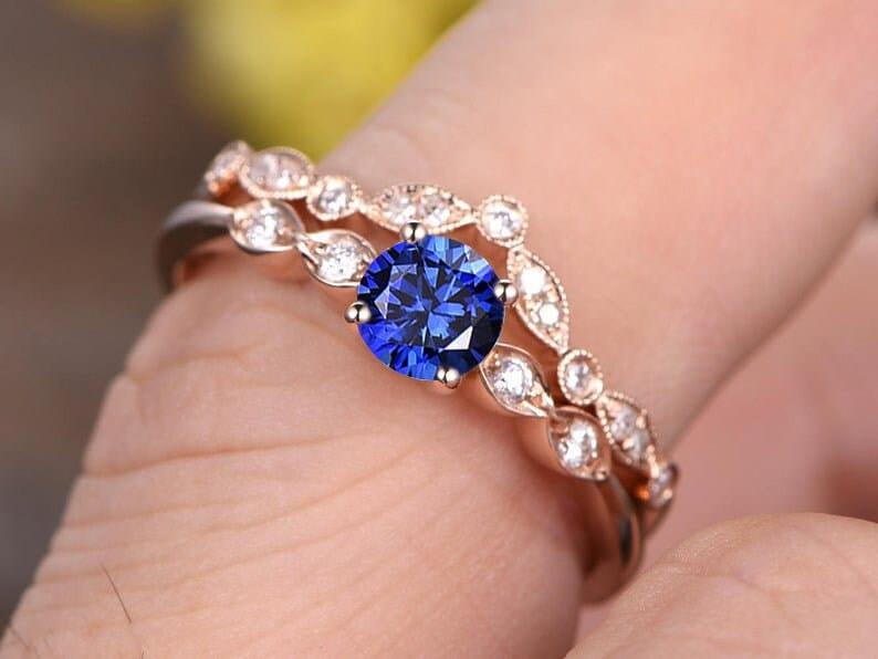 Blue Sapphire engagement set Ring & curved V matching band - JBR Jeweler